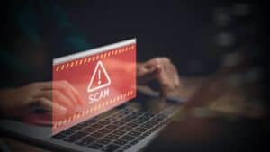Scam alert, software warning fraud, cyber security. Hacker detection cyber attack on computer network, virus, spyware, malware, malicious software and cybercrime, online website. Protect information