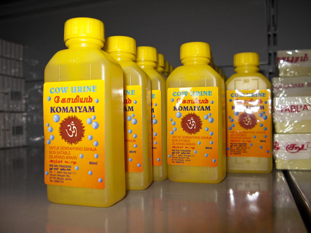 Bottled Cow Urine for religious ceremonies...seen in a super market at Mustafa's Center Singapore