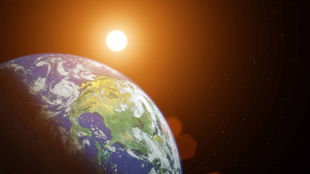 Planet Earth and the Sun in space