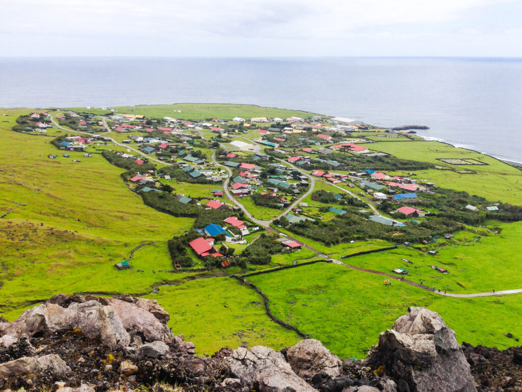Edinburgh of the Seven Seas town aerial panoramic view, Tristan da Cunha, the most remote inhabited island, South Atlantic Ocean, British Overseas Territory.