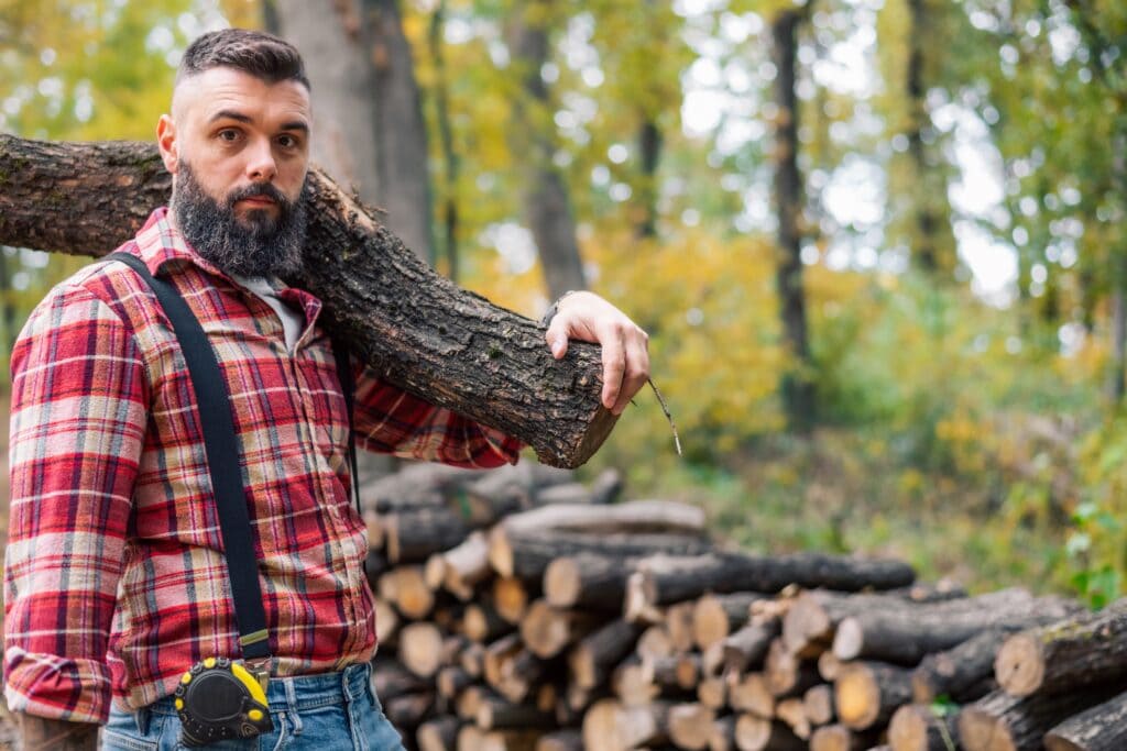 The strong lumberjack carrying a piece of wood on his shoulder towards a pile of chopped logs.