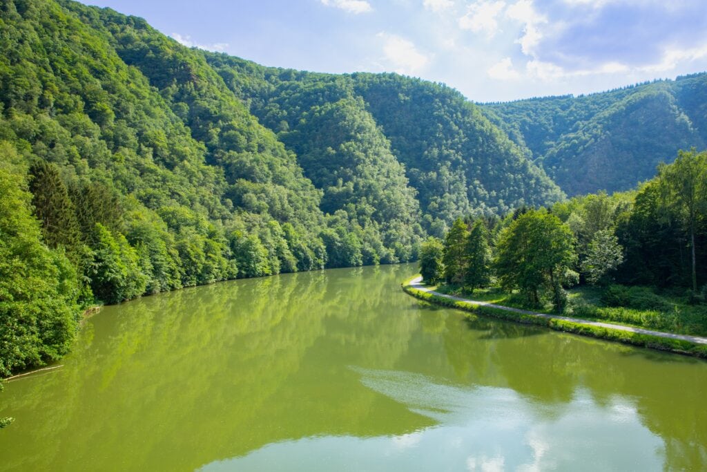 Idyllic valley of the river Meuse in French Ardennes, les dames de Meuse in northern France