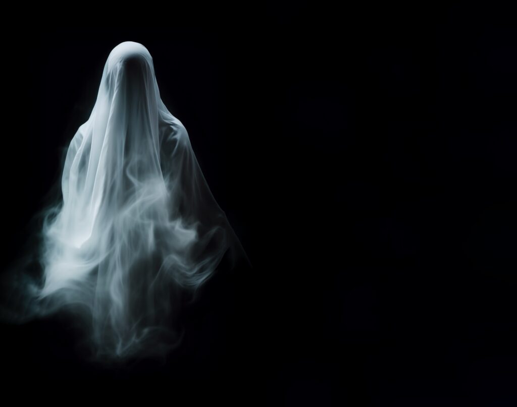 White ghost on black background, copy space, illustration 