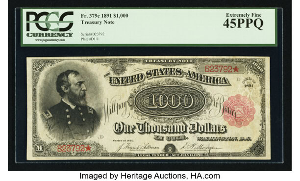 1891 $1,000 Treasury Note: $2.585 Million