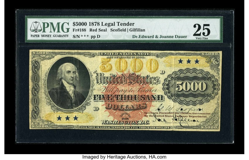 1878 $5,000 Legal Tender Specimen: $805,000
