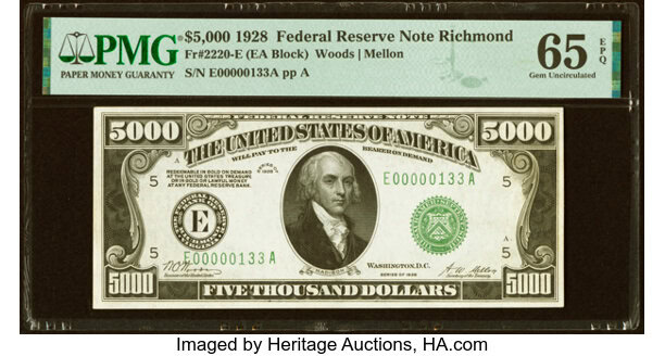 1928 $5,000 Federal Reserve Note: $780,000
