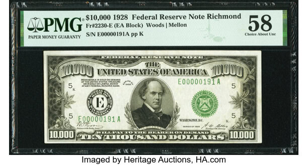 1928 $10,000 Federal Reserve Note: $504,000