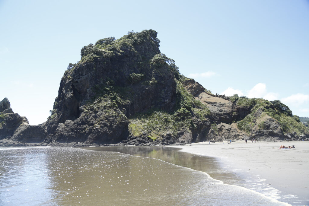 A view of Lions rock at Phia beach in Aukland New Zealand.  With sand and the water's edge.