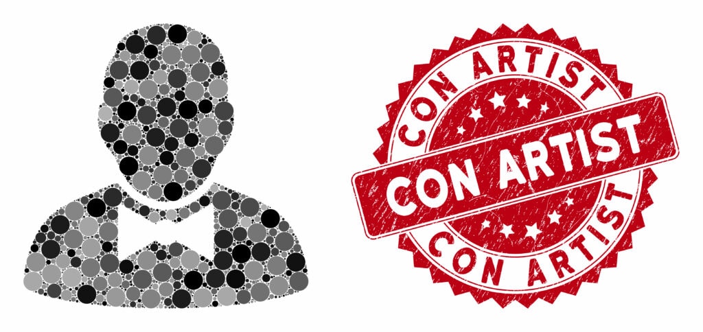 Mosaic waiter and corroded stamp seal with Con Artist caption. Mosaic vector is designed with waiter icon and with random spheric items. Con Artist stamp seal uses red color, and grunge design.