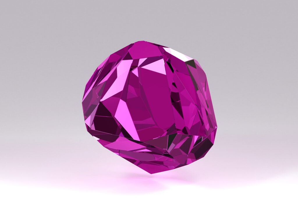 3D image of Purple Taaffeite - Clear Crystal on White Background - Faceted Big Amethyst Gem Stone - Topaz or Quartz Cutting Mineral