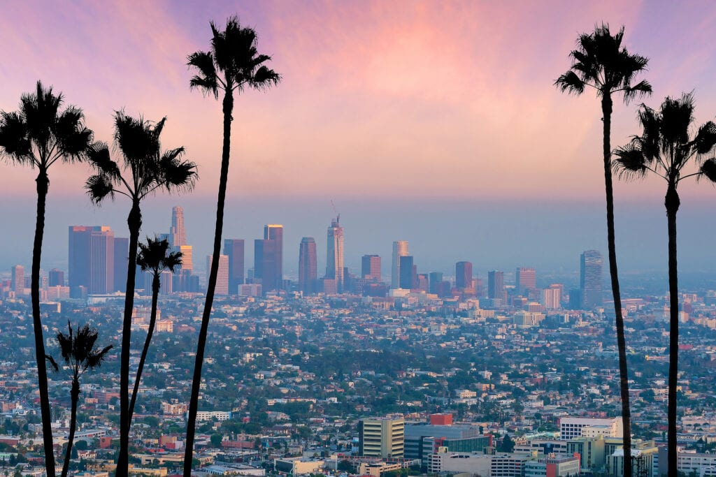 Beautiful sunset of Los Angeles downtown skyline in CA, USA