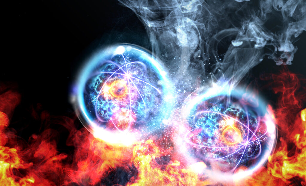 Nuclear fission radioactive decay process of splitting an atom to create and harness energy as 3D illustration concept