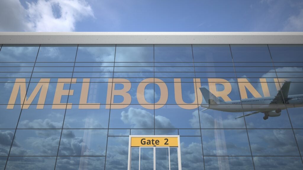 Melbourne text revealed with landing airplane on airport building 3D rendering