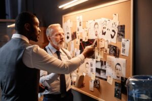 Side view portrait of African American detective pointing at evidence board while investigating case