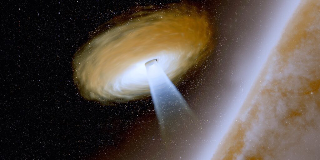 APM 08279+5255 Black Hole 3d illustration - Quasars are the remarkably bright cores of active galaxies in the distant universe. This one contains enormous amounts of water vapor.