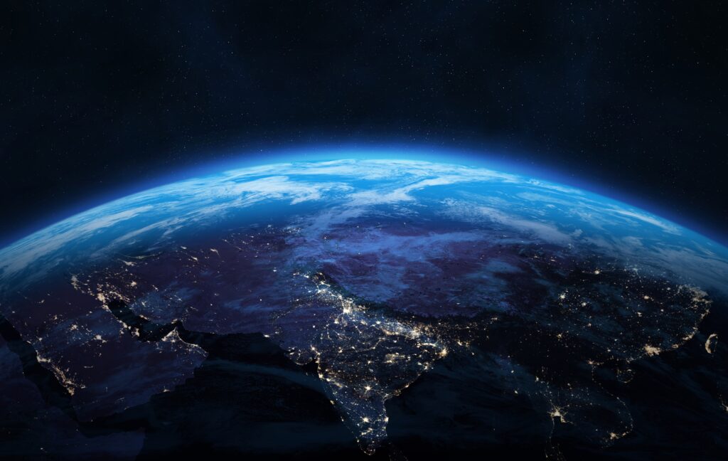 Nightly Earth planet in outer space. Asia. Night on planet with cities lights. Middle East, Central, West, South, East Asia at night viewed from space. Elements of this image furnished by NASA.