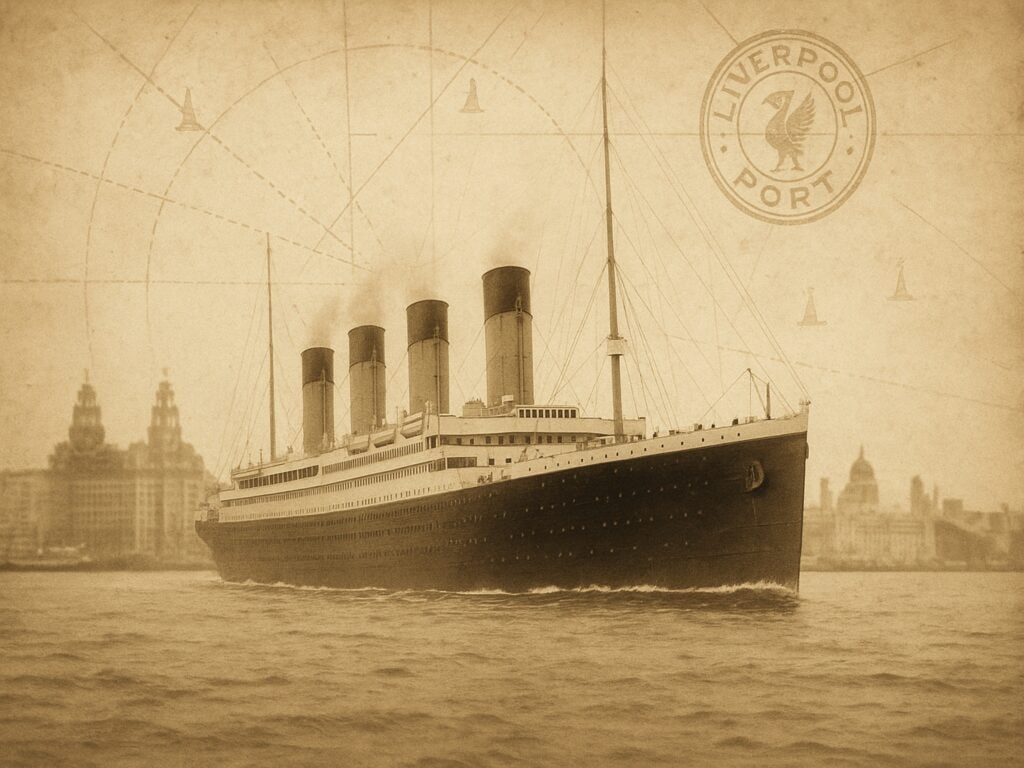 “A sepia-toned vintage-style illustration of the RMS Titanic at port with the skyline of Liverpool in the background. Perfect for historical, nautical, and travel-themed creative projects.”