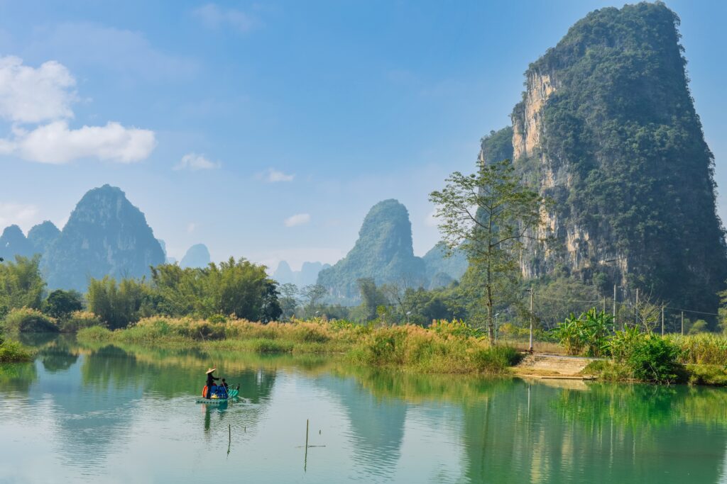 Beautiful rural landscape surrounded by Karst mountains in winter at Shili Hualang scenic spot, Mingshi Village (Mingshi Tianyuan) in Daxin County, Chongzuo city, Guangxi, China