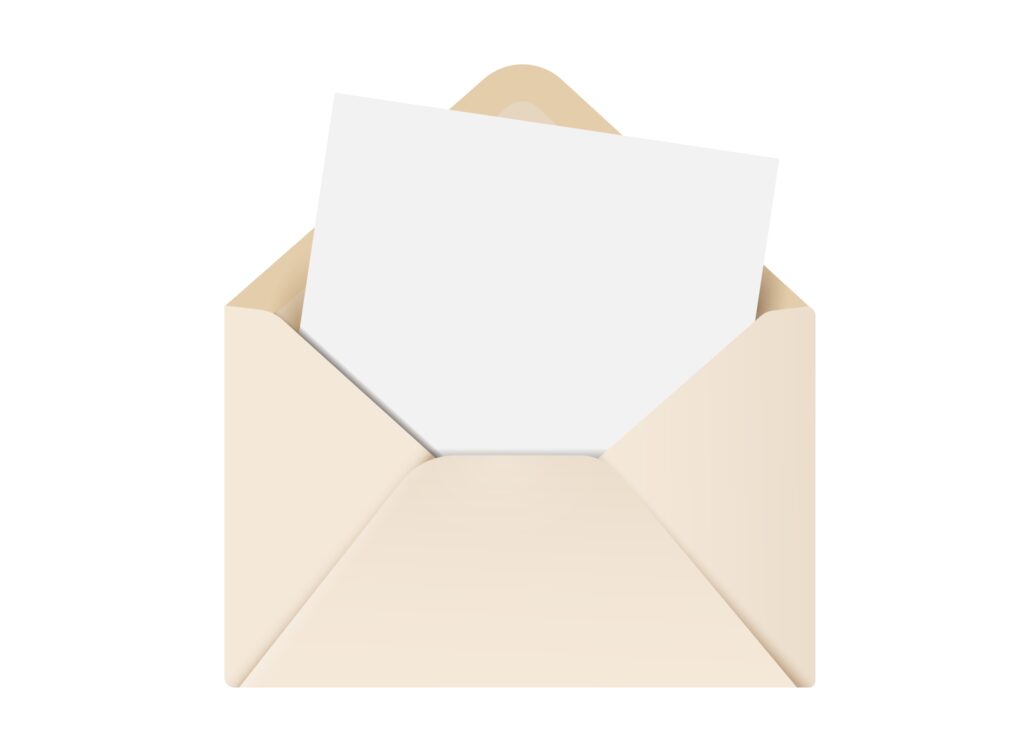 Open envelope with paper blank greeting card or letter. Realistic vector illustration of envelope with sheet paper,template