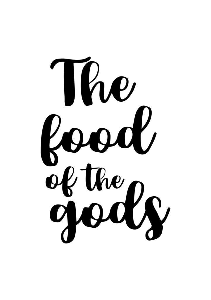 Quote food calligraphy style. Hand lettering design element. Inspirational quote: The food of the gods.