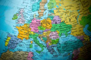 Map view of Europe on a geographical globe (vignette).