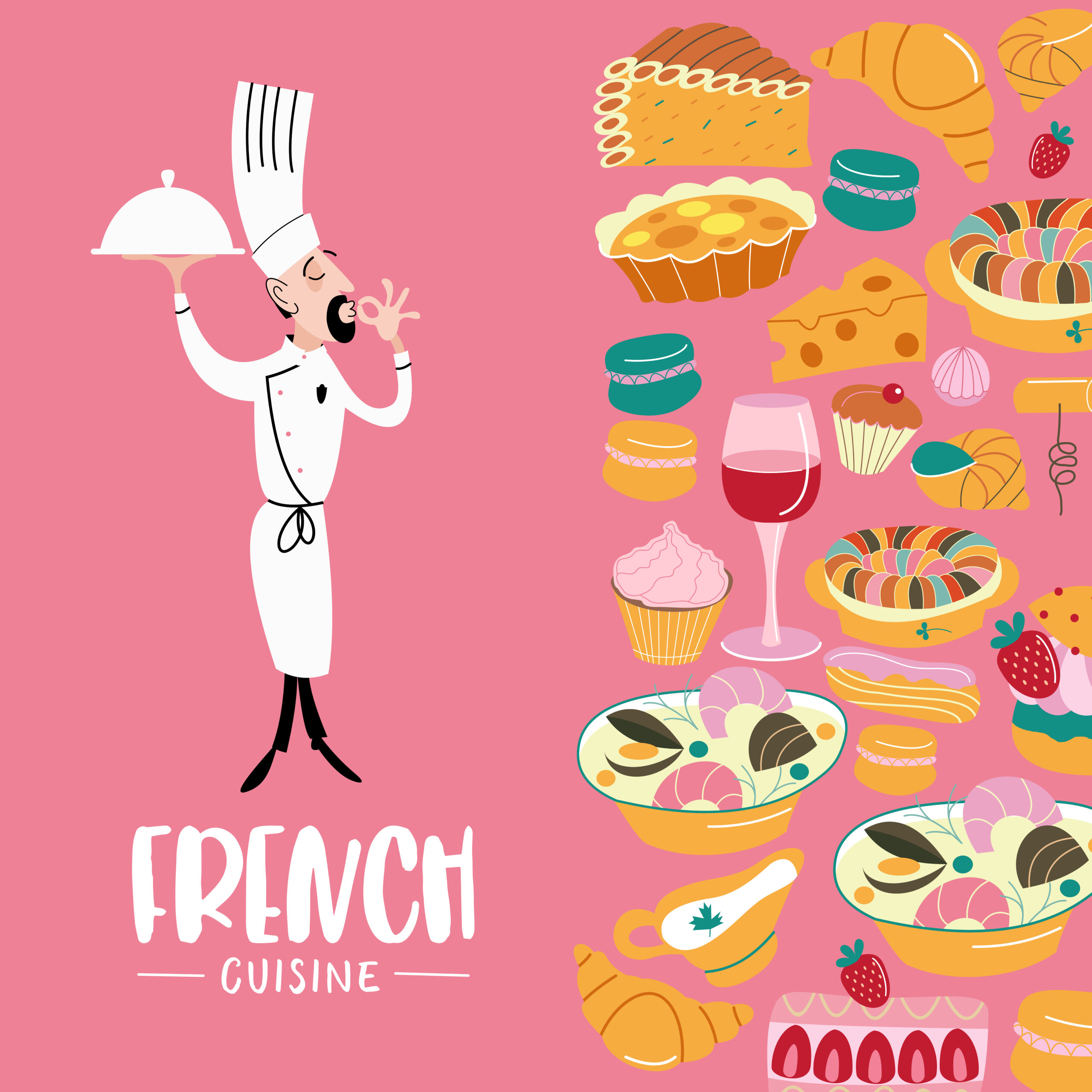 Traditional French cuisine. Funny chef with dish in hand. Large set of vector cliparts in cartoon style. Soups, desserts, bread, wine, cheese.