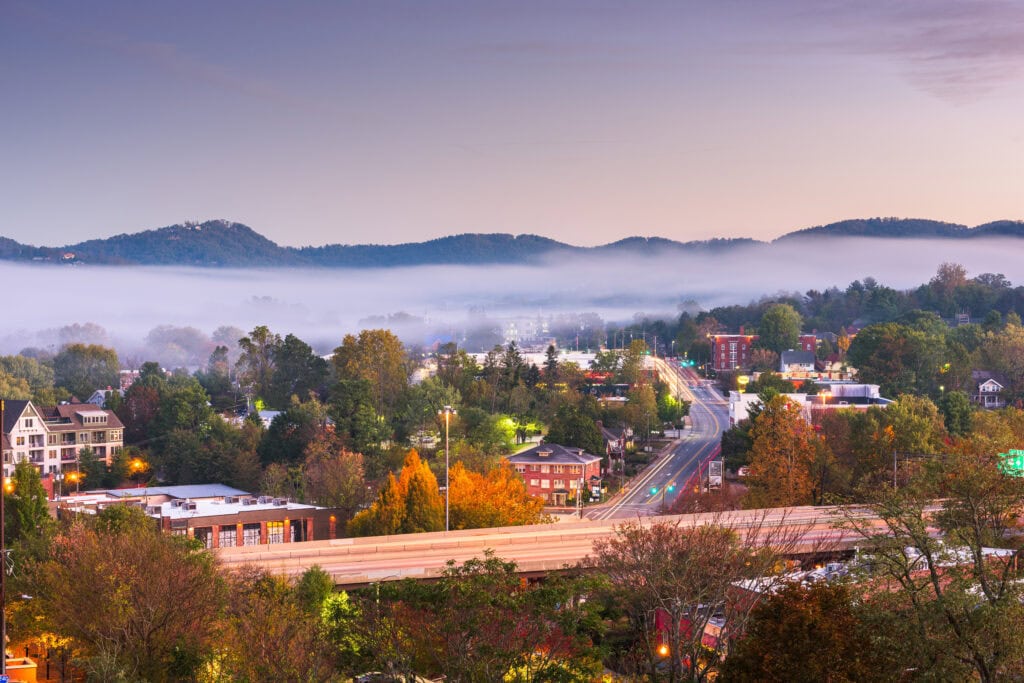 Asheville, North Carolina, USA downtown skyline at dusk.
