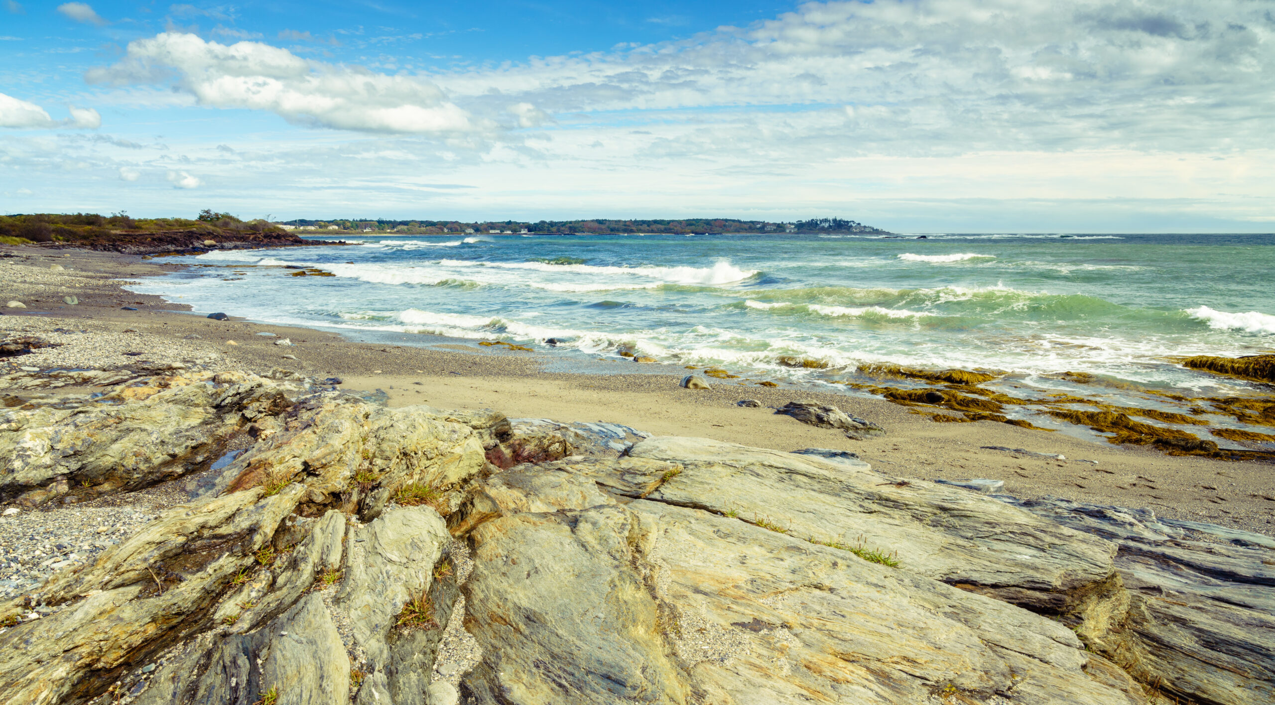 Scenic view of coastline at Crescent Beach State Park in Cape Elizabeth, Maine