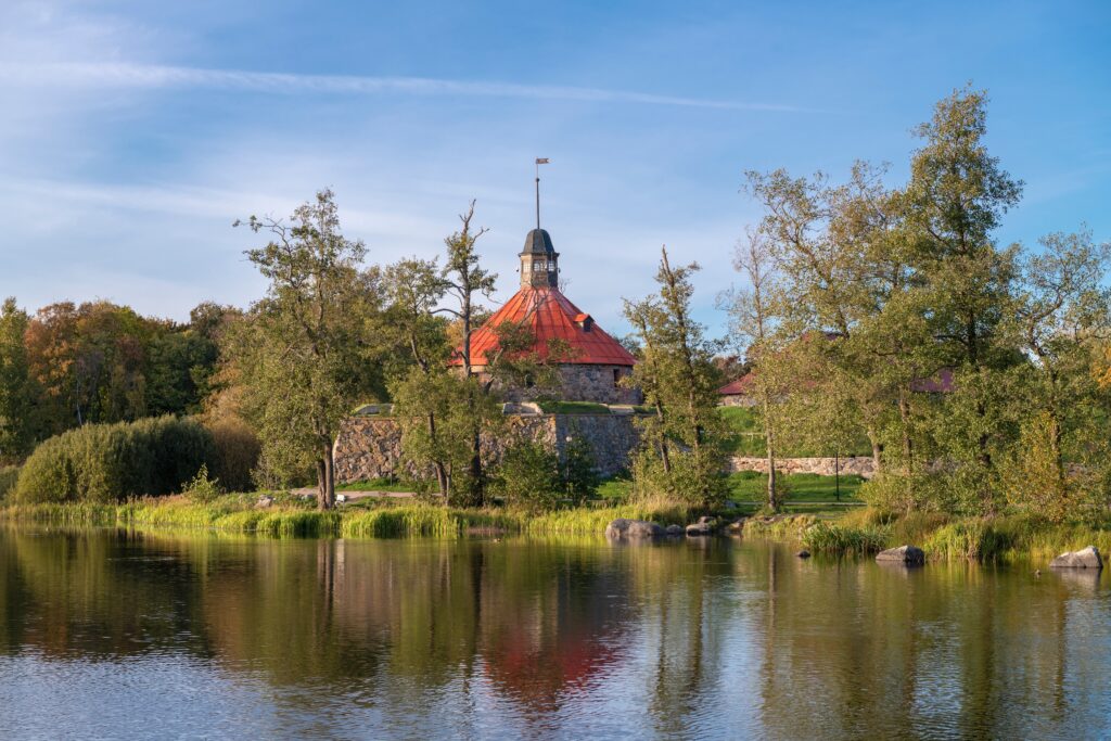 Sunny October day on the Vuoksa river at the ancient Korela fortress. Priozersk. Leningrad region, Russia