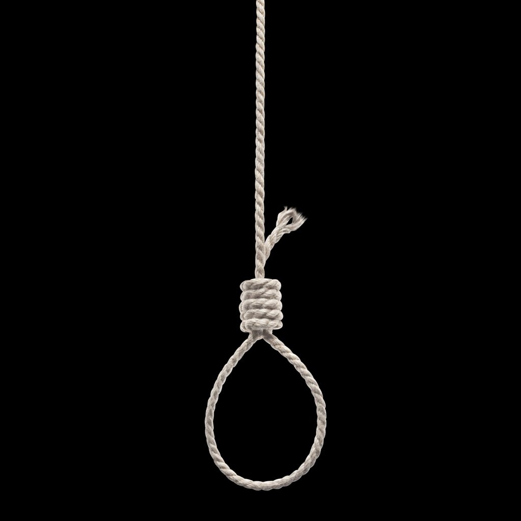 White hanging noose rope with wrapped knot, isolated on black background