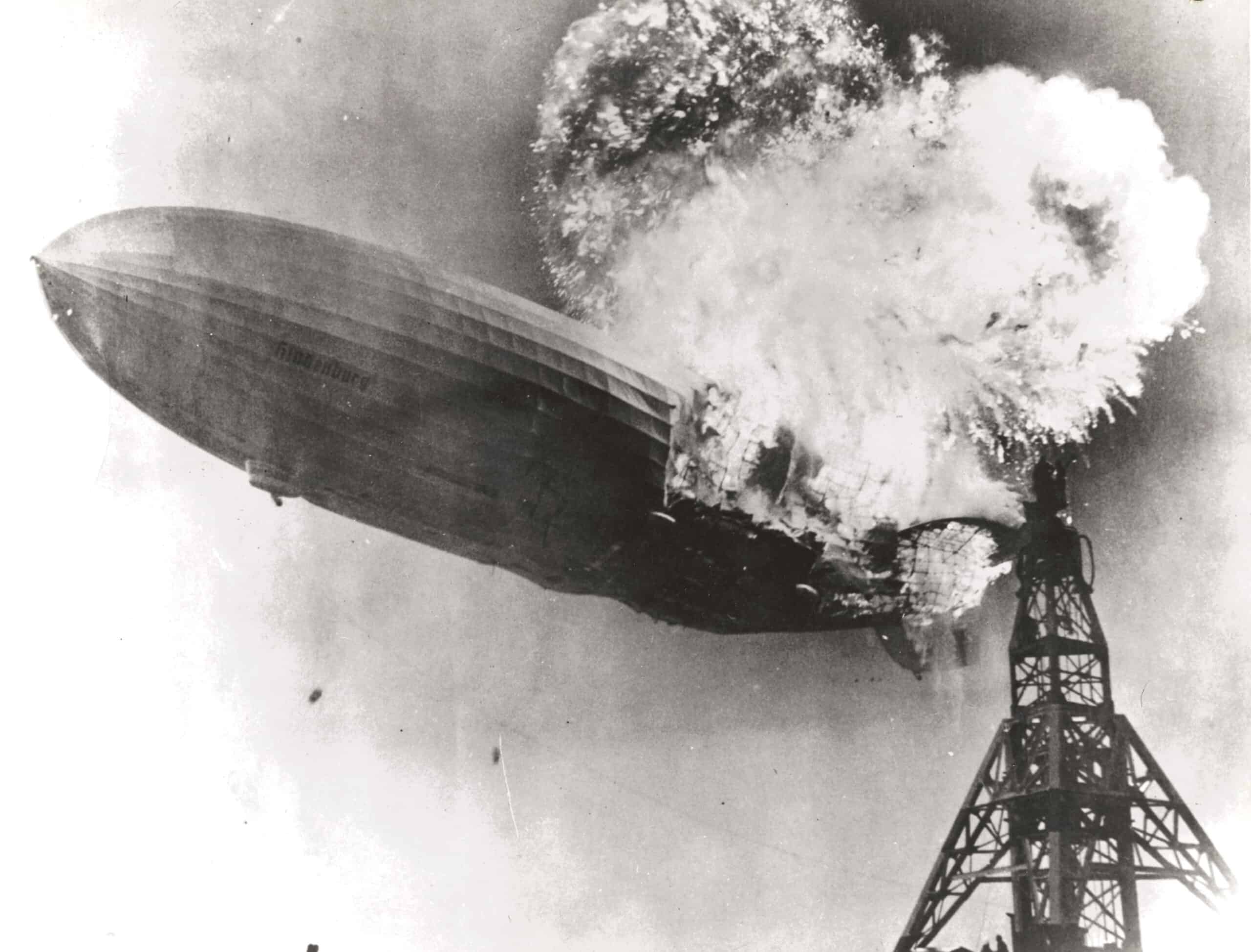 The German airship Hindenburg engulfed in flames at Lakehurst, New Jersey, in 1937