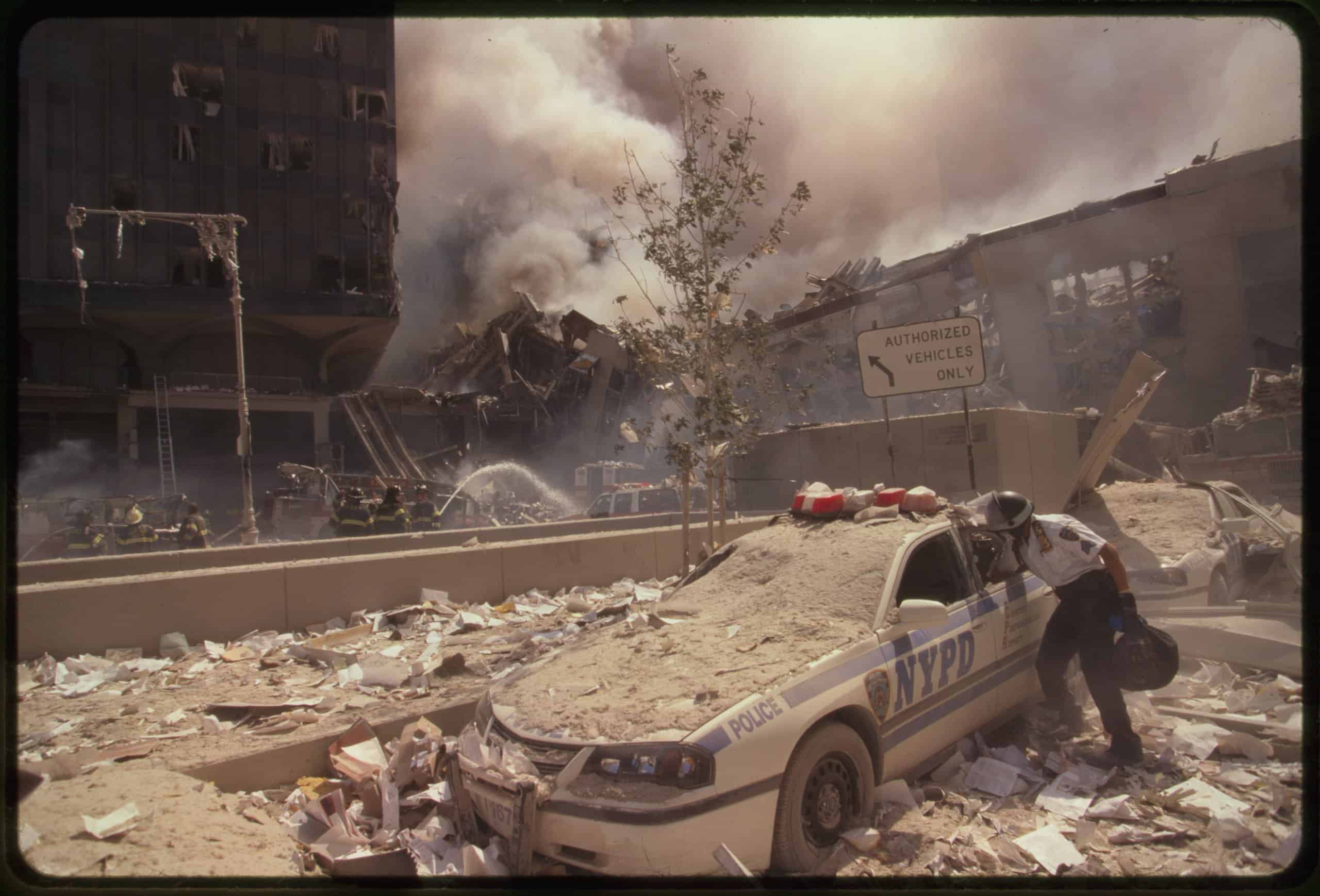 Smoke rising from the World Trade Center towers in New York City during the September 11 terrorist attacks