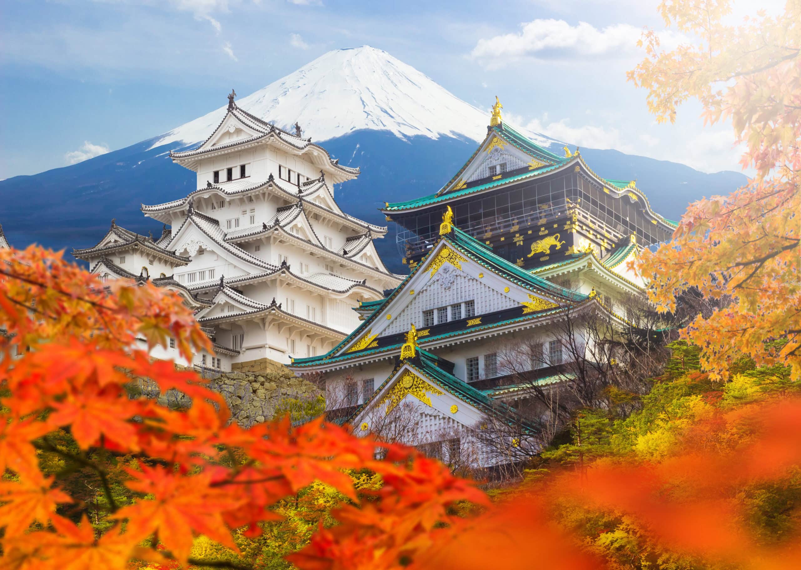 Osaka nad Himeji castle in kansai region with mount Fuji background during autumn