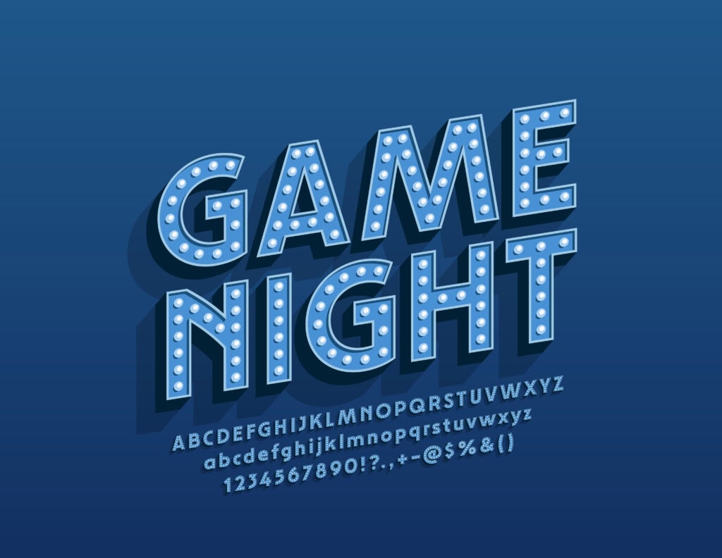 Vector entertainment poster Game Night with glowing Alphabet Letters. Electric lamp Font