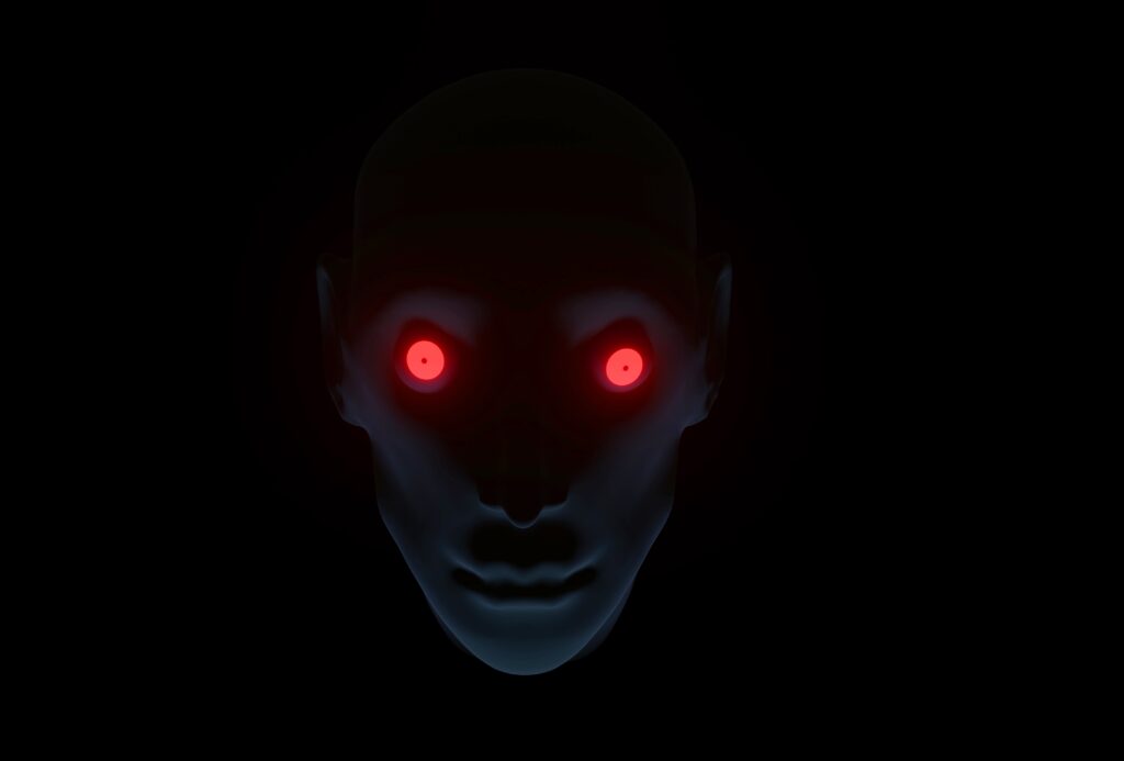 3D scary face of man with red eyes. Halloween poster with black face and red eyes on black background. 