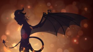 Silhouette of the devil on the background of hellfire