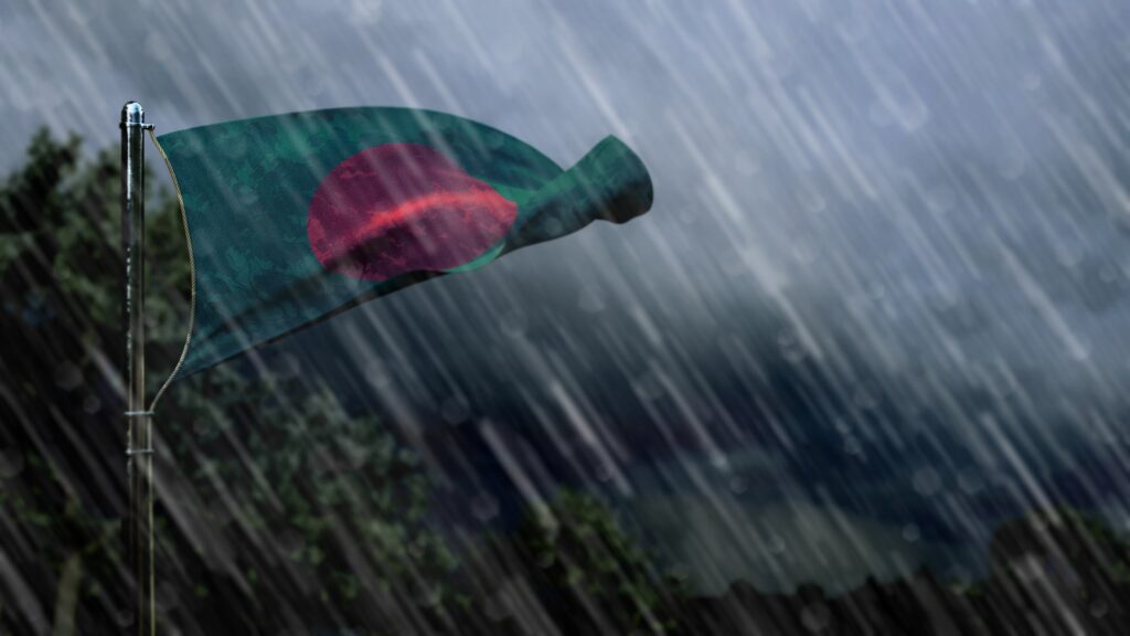 flag of Bangladesh with rain and dark clouds, twister forecast symbol - nature 3D rendering