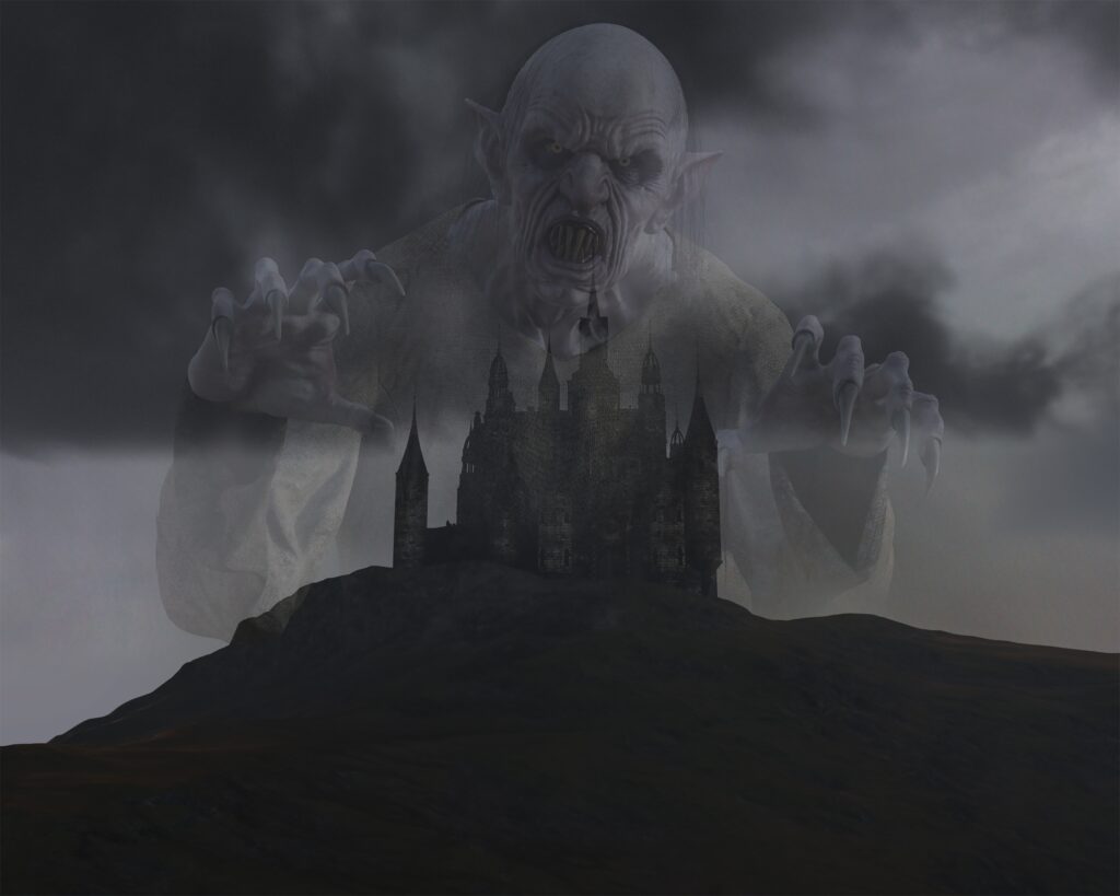 3d illustration of a spooky gothic castle on a mountaintop against a moody sky and the ghostly image of a Nosferatu style vampire superimposed over it