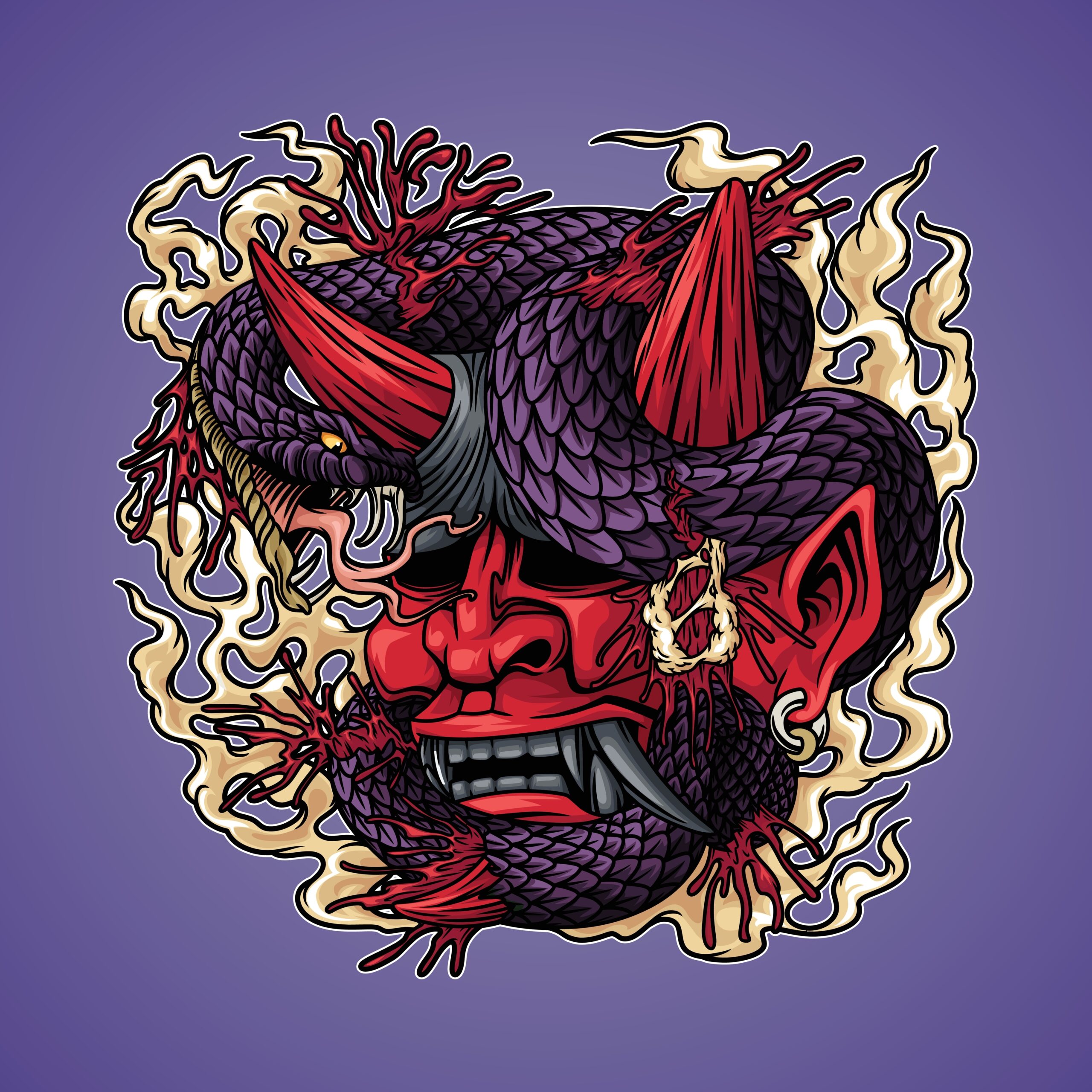 Oni are evil characters in Japanese folklore, with a long history of being vicious people who favor violence over almost everything else. looks scary-faced oni with a snake on his head.