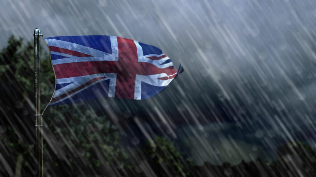 flag of United Kingdom (UK) with rain and dark clouds, rainfall forecast symbol - nature 3D illustration