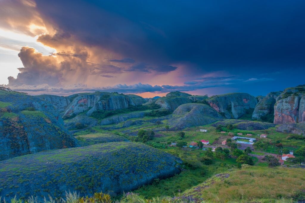 View at the mountains Pungo Andongo, Pedras Negras (black stones), huge geologic rock elements, in Malange, Angola
