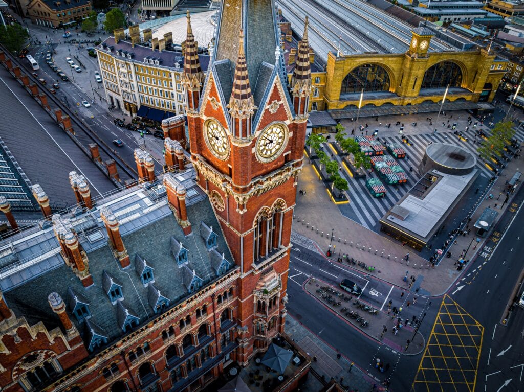 Aerial view of St Pancras and Kings Cross train stations in London, England