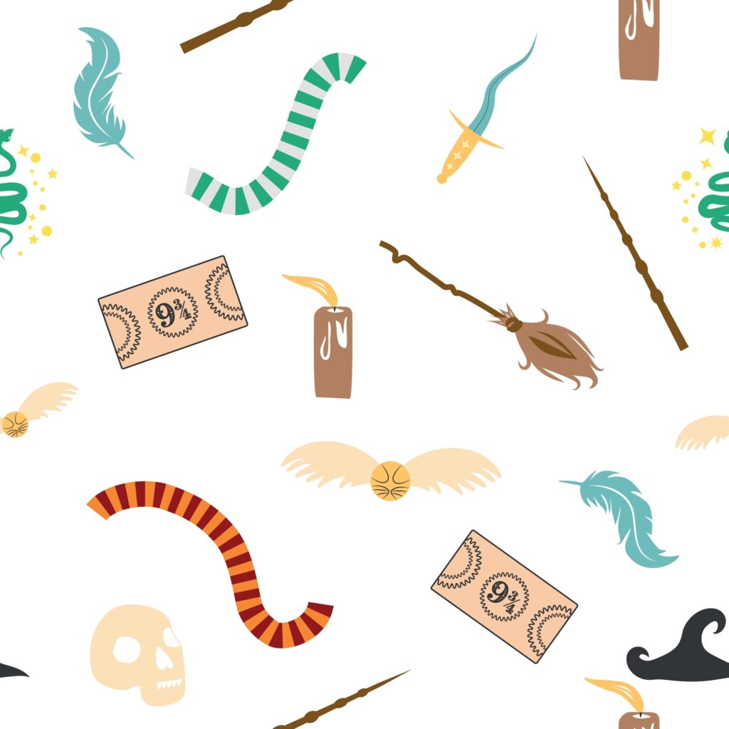 Magic items seamless pattern in flat style. School of Magic. Pumpkin, key, magic ball, feather, spider, hat, broom, skull, snake, goblet, wand, candle, snitch, book, faculty, ticket, cauldron, card