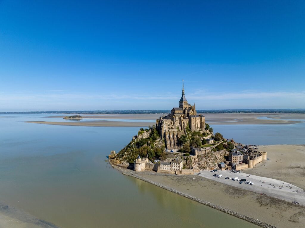 Aerial view, France, Normandy, Salt marshes,  Mont-Saint-Michel monastery and abbey, Le Mont-Saint-Michel