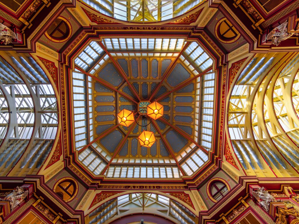 Beautiful colorful victorian ceiling of the Leadenhall Market dating back to 1321 and situated in the centre of Roman London.