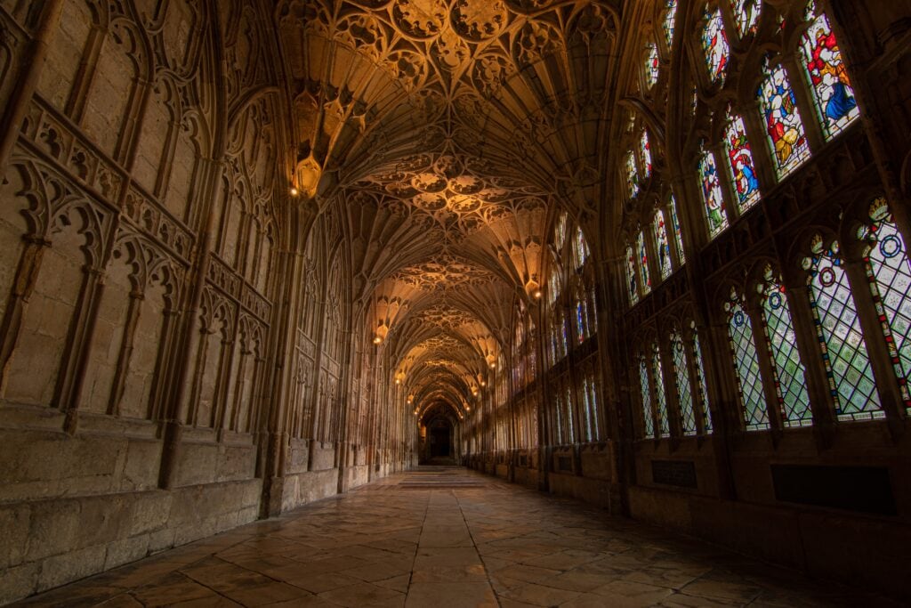Charming view of the halls in Gloucester Cathedral. Gothic splendor and architectural grace 