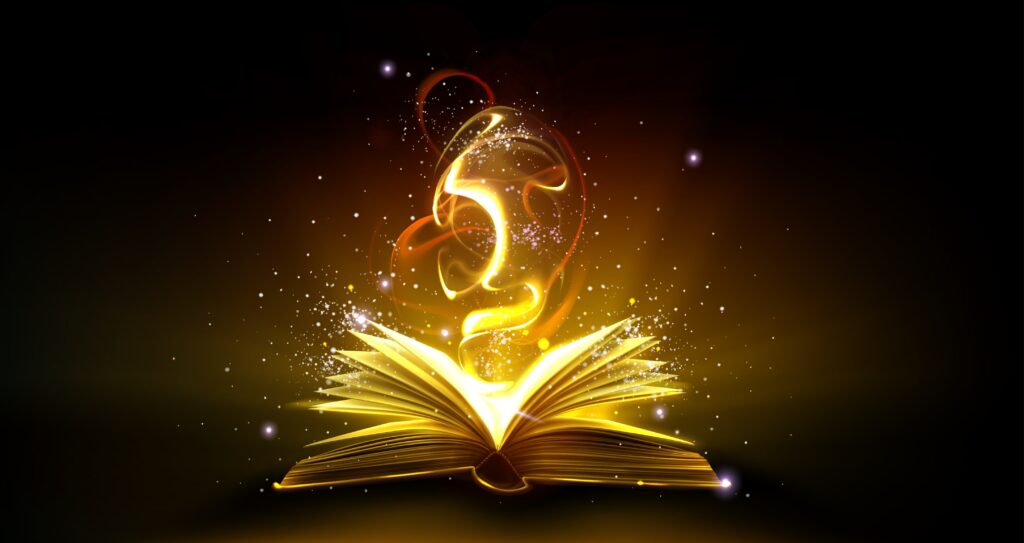 Magic book with golden light and shimmering stars. Open pages with bright glowing streams and mystical sparkles on dark background. 3d vector fantasy storytelling and magical education content.