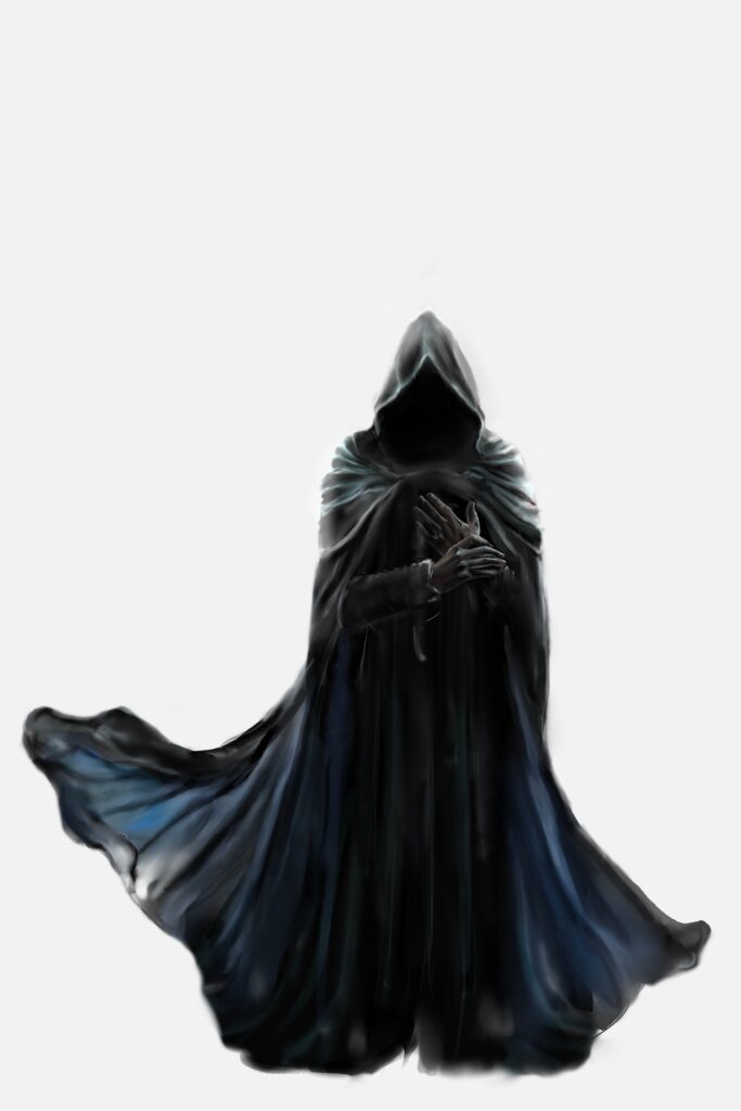 silhouette of scary grim reaper in hooded black cloak