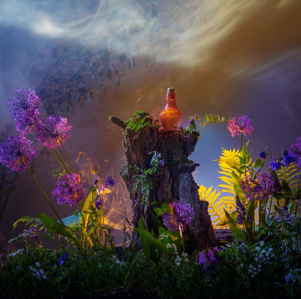 bottle of magic potions in magical forest