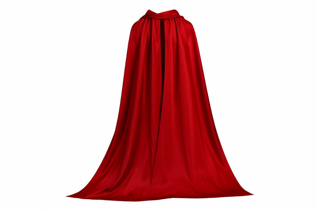 Isolated tall red draped hooded cloak with standing cape on clean white background